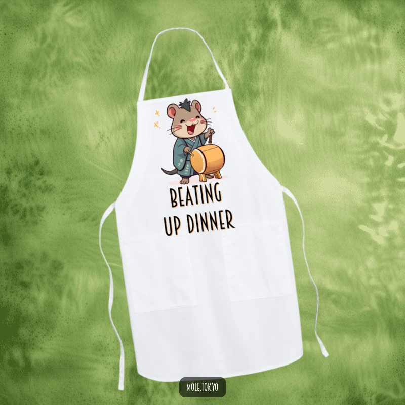 Funny Apron showcasing a stylized mole in a formal kimono playing a taiko drum with enthusiasm, perfect for culinary beats.
