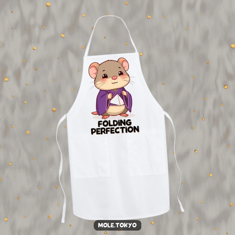 Funny happy mole in a deep purple kimono attempting a stylized origami fold, a humorous apron for chefs and crafters.