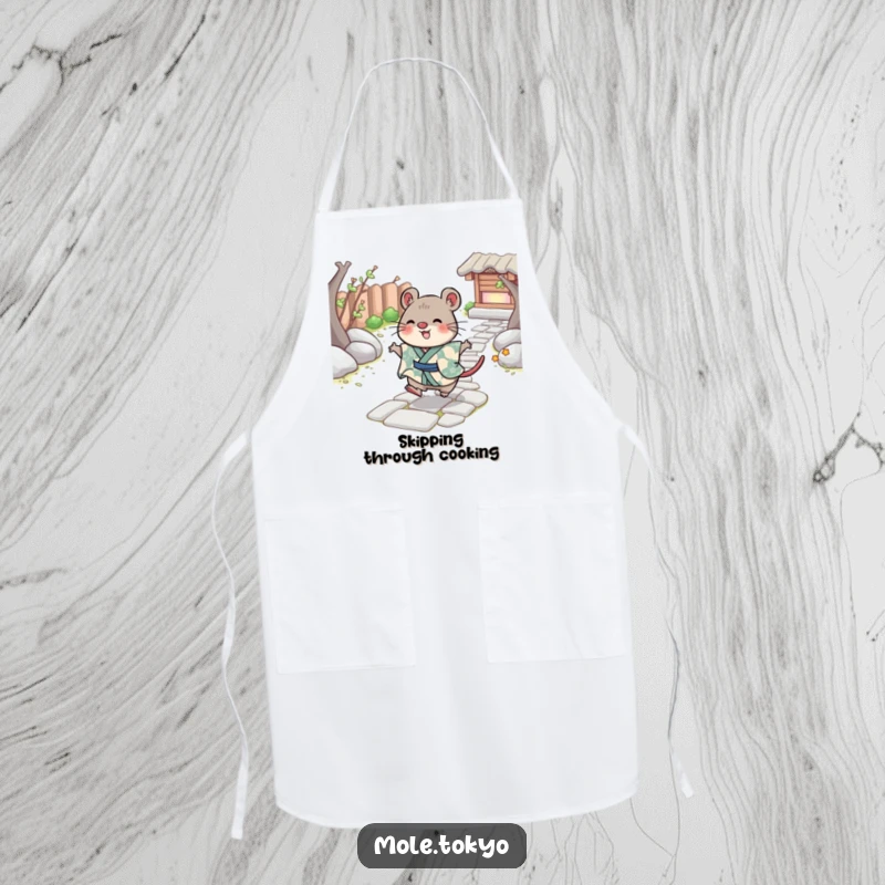 Funny Apron showcasing a cheerful mole in a patterned kimono skipping playfully across a stone path, perfect for happy cooking.