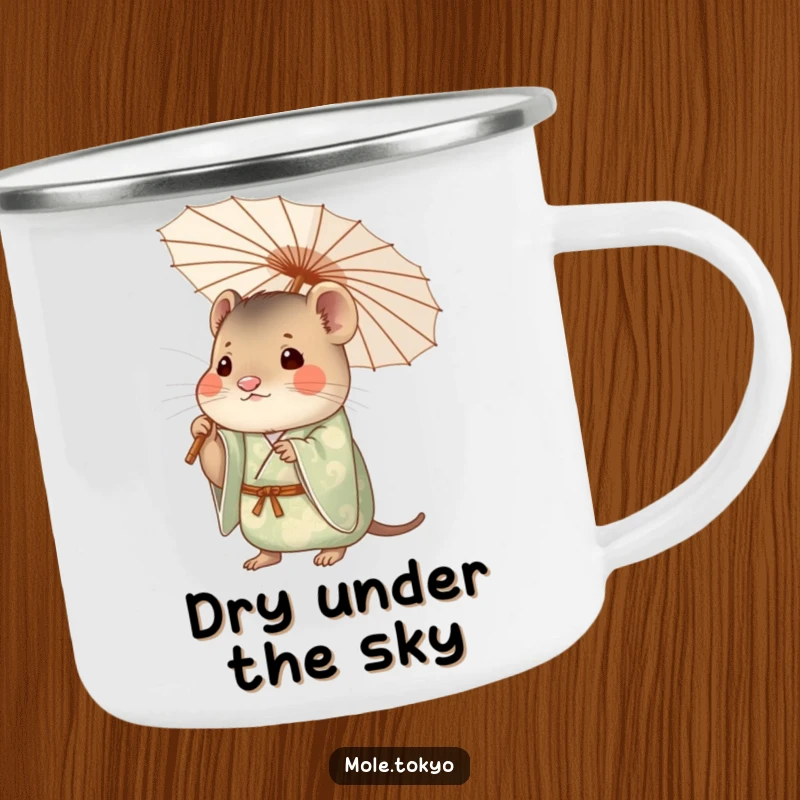 Funny mole in a patterned kimono holding a delicate paper umbrella, a durable and humorous camping mug design.