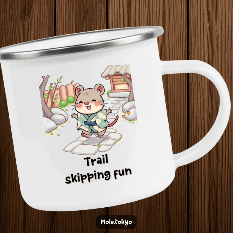 Funny Camping Mug with a cheerful mole in a kimono skipping playfully across a stone path, perfect for joyful outdoor sipping.