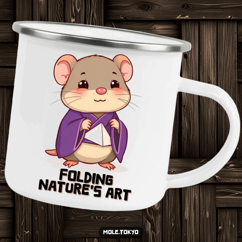 Funny happy mole in a deep purple kimono attempting a stylized origami fold, a humorous camping mug design.