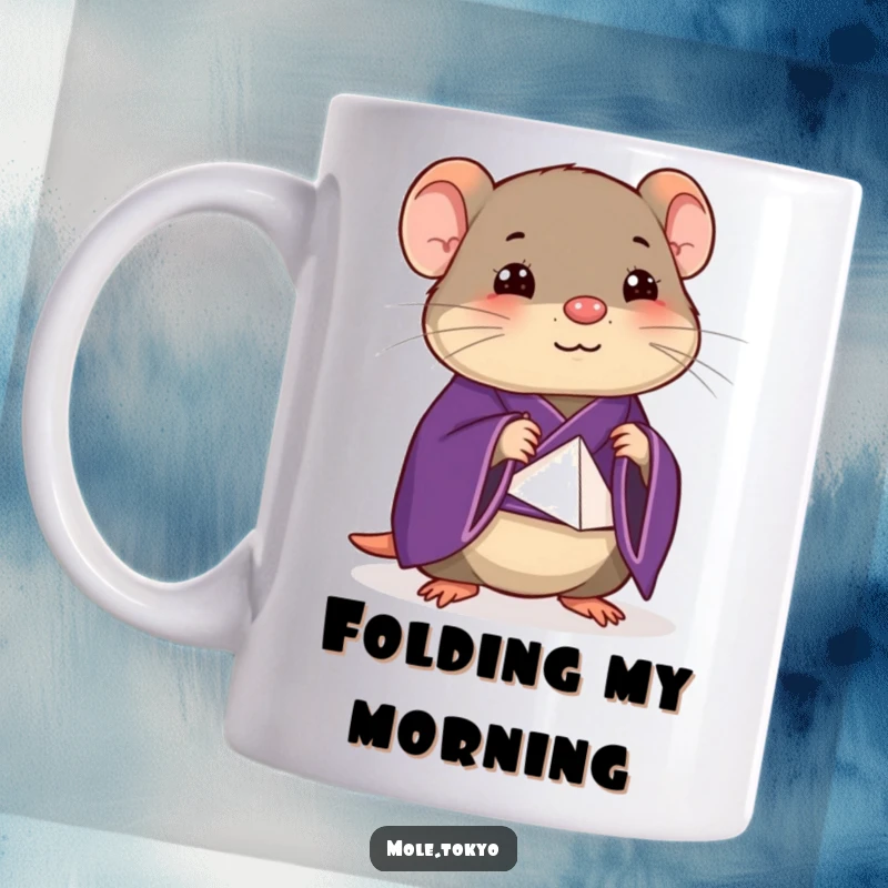 Funny happy mole in a deep purple kimono, concentrating on a stylized origami fold, perfect for a creative gift.