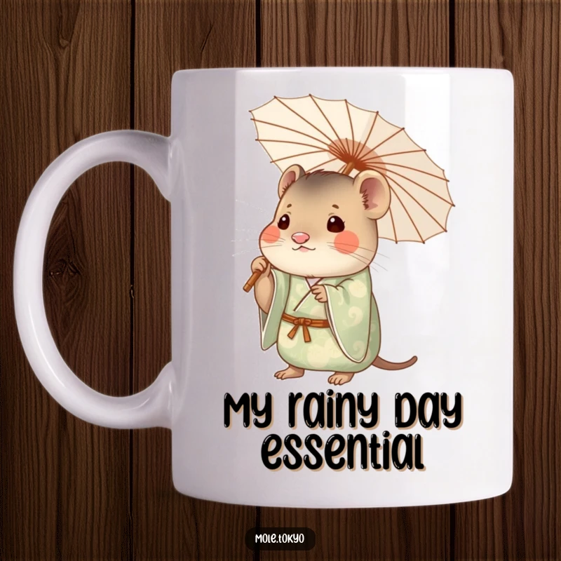 Funny mole in a patterned kimono holding a delicate paper umbrella, looking curious and elegant, perfect for a unique gift.