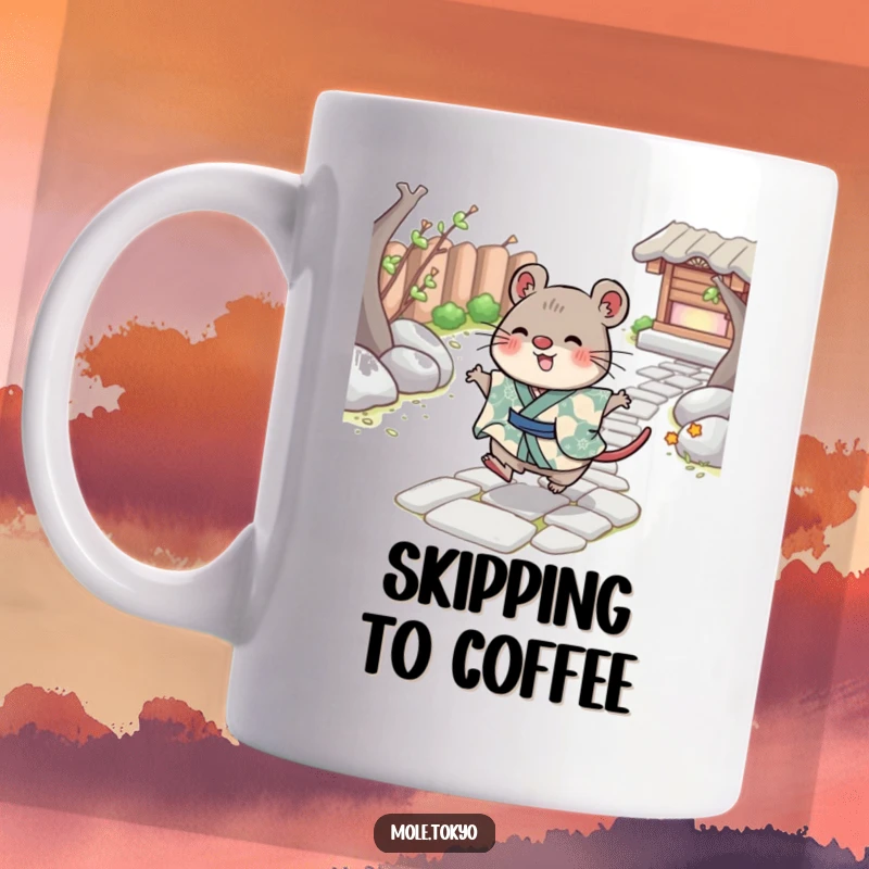 Funny Mug featuring a cheerful mole character in a patterned kimono skipping playfully across a stone path, conveying pure joy.