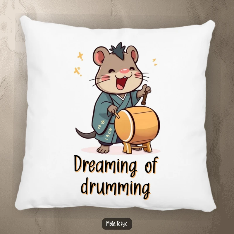 Funny Pillow with a stylized mole character in a kimono playing a taiko drum enthusiastically, adding a rhythmic touch.