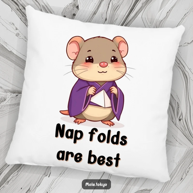 Funny happy mole in a deep purple kimono attempting a stylized origami fold, a comfortable and humorous pillow.