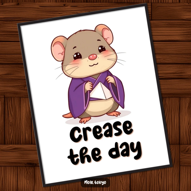 Funny happy mole in a deep purple kimono attempting a stylized origami fold, a humorous digital art print.