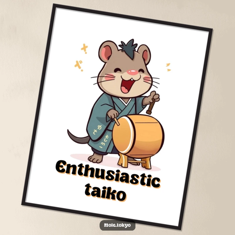 Funny Digital Art Print of a stylized mole in a kimono playing a taiko drum with great enthusiasm, dynamic wall decor.