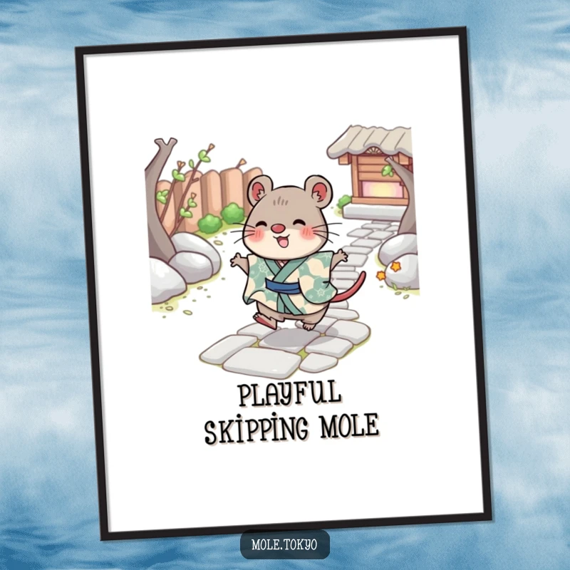 Funny Digital Art Print of a cheerful mole in a kimono skipping playfully on a stone path, embodying pure joy and playfulness.
