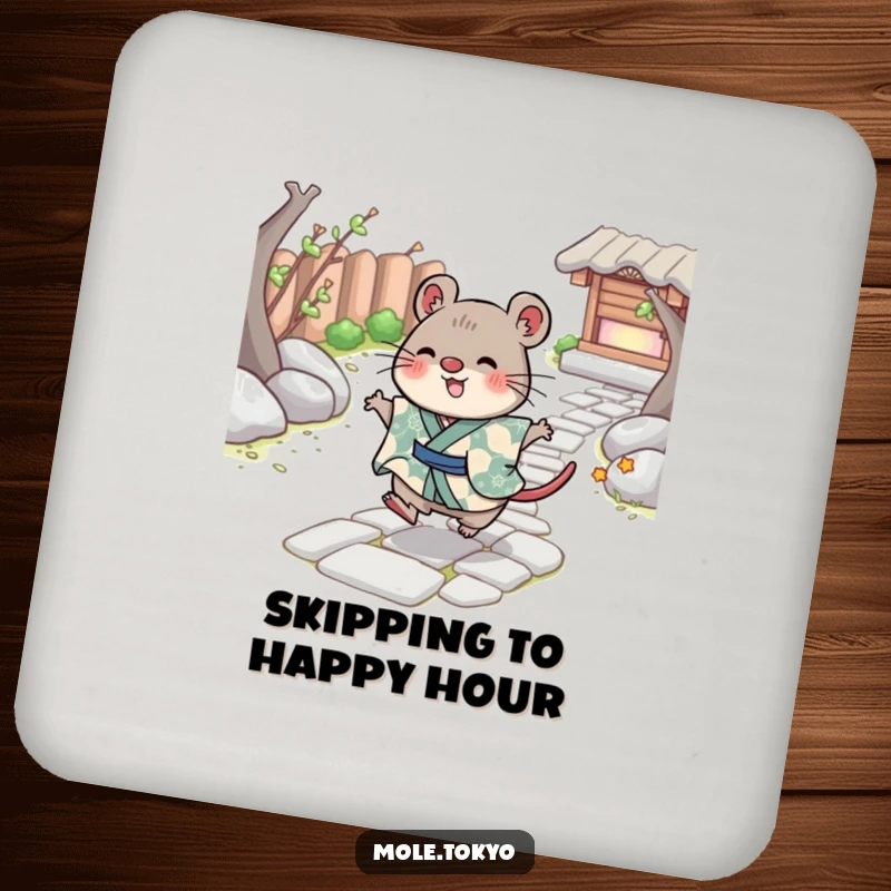 Funny Coasters displaying a cheerful mole in a patterned kimono skipping playfully across a stone path, protecting surfaces joyfully.