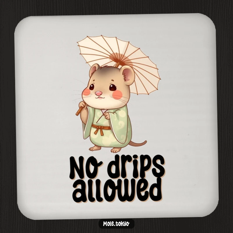 Funny mole character in a patterned kimono holding a delicate paper umbrella, a set of humorous drink coasters.