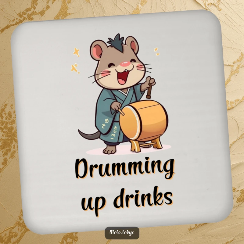 Funny Coasters displaying a stylized mole in a formal kimono playing a taiko drum with enthusiasm, protecting surfaces musically.