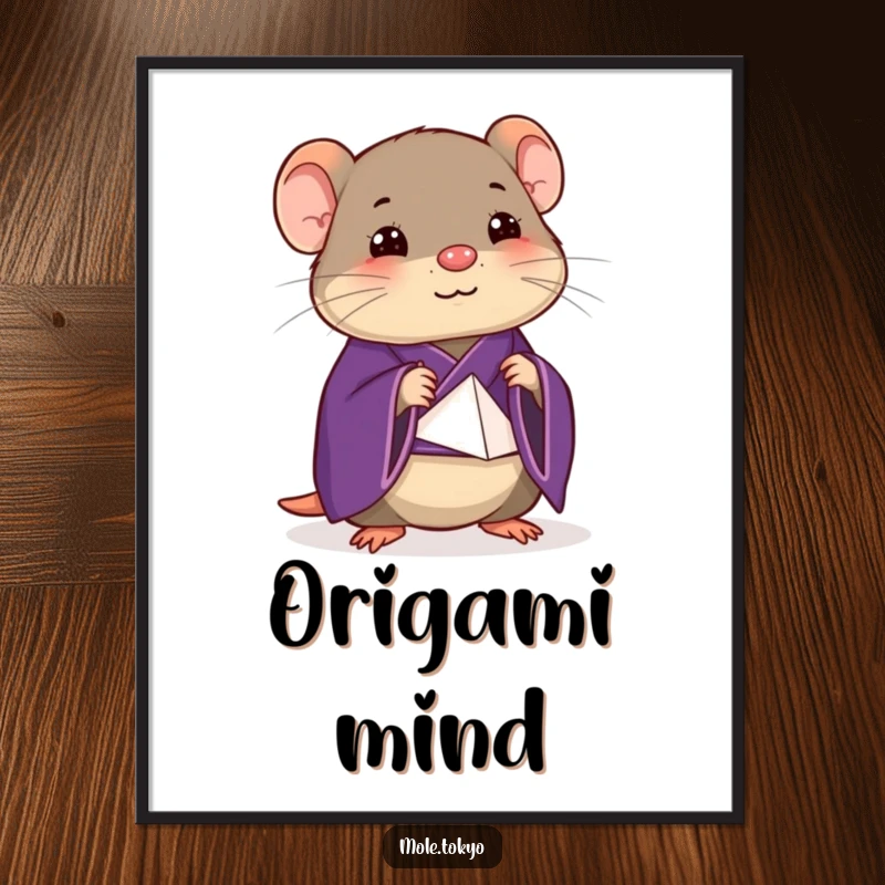 Funny happy mole in a deep purple kimono attempting a stylized origami fold, perfect for humorous wall art.