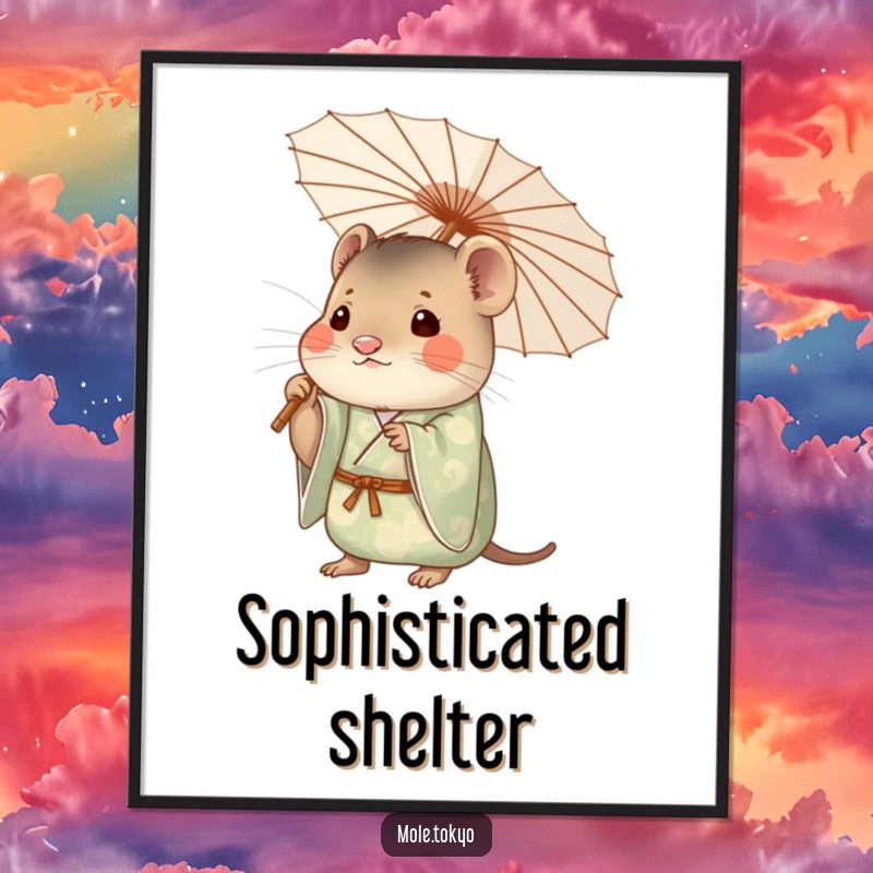 Funny mole character in a decorative kimono holding a delicate paper umbrella, creating a whimsical and curious artistic statement.