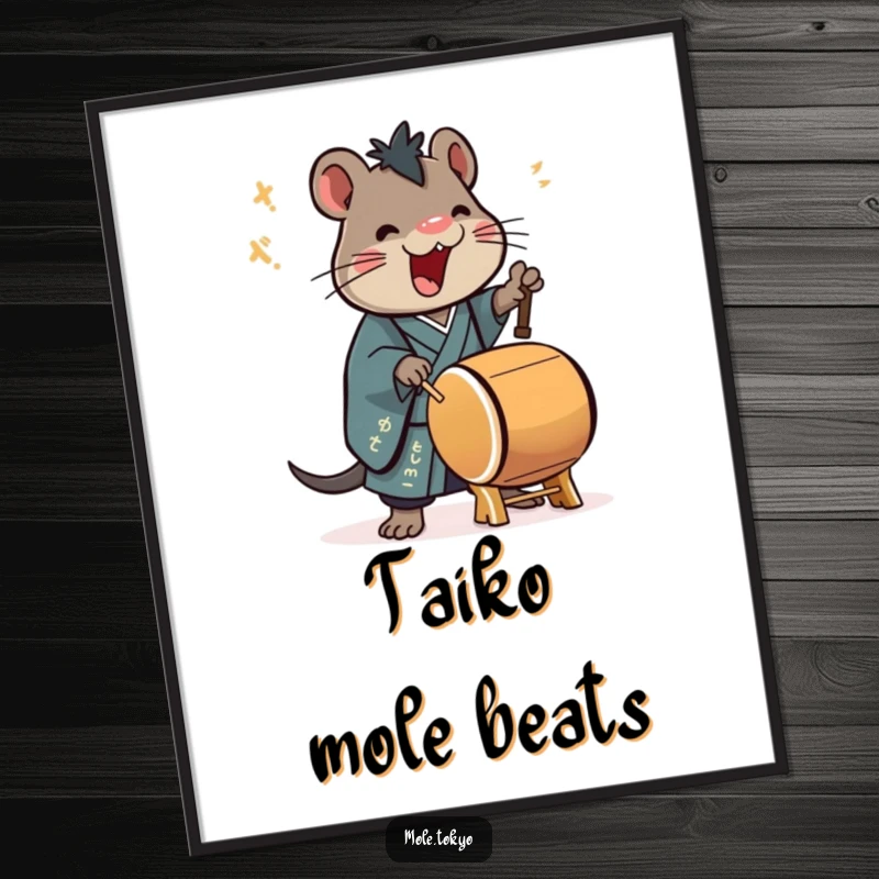 Funny Poster of a stylized mole in a formal kimono playing a taiko drum with great enthusiasm, capturing musical energy.