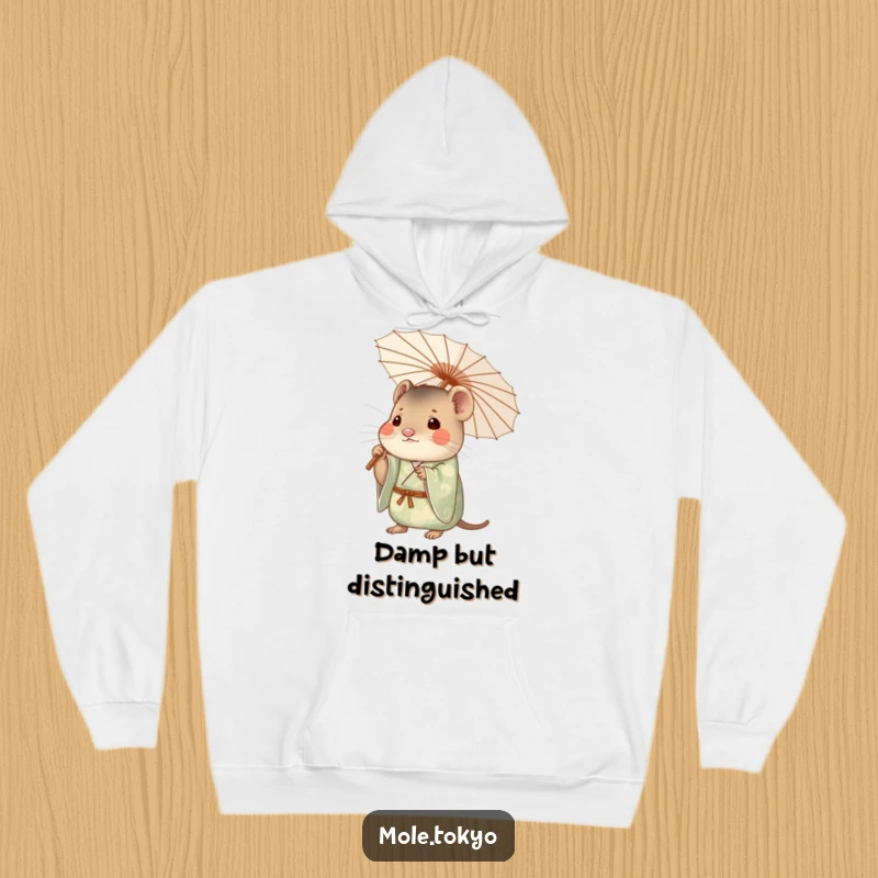 Curious mole character in a patterned kimono holding a delicate paper umbrella aloft, perfect for a funny and cozy hoodie.