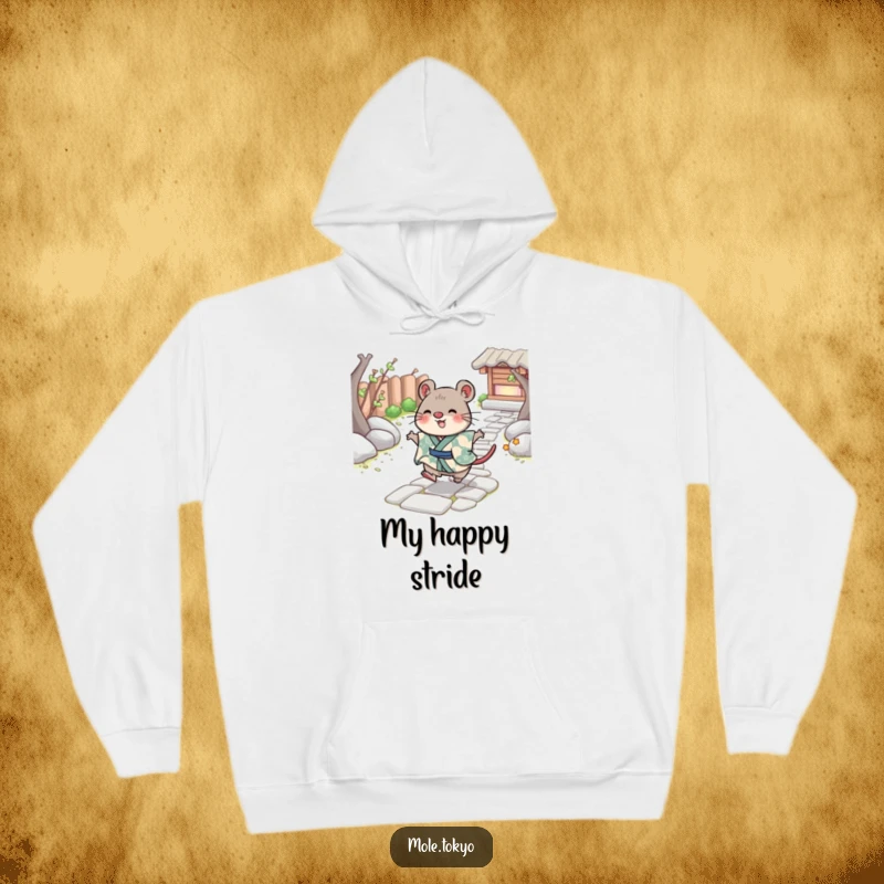 Funny Hoodie with a cheerful mole character in a kimono skipping playfully across a stone path, comfortable and full of joy.