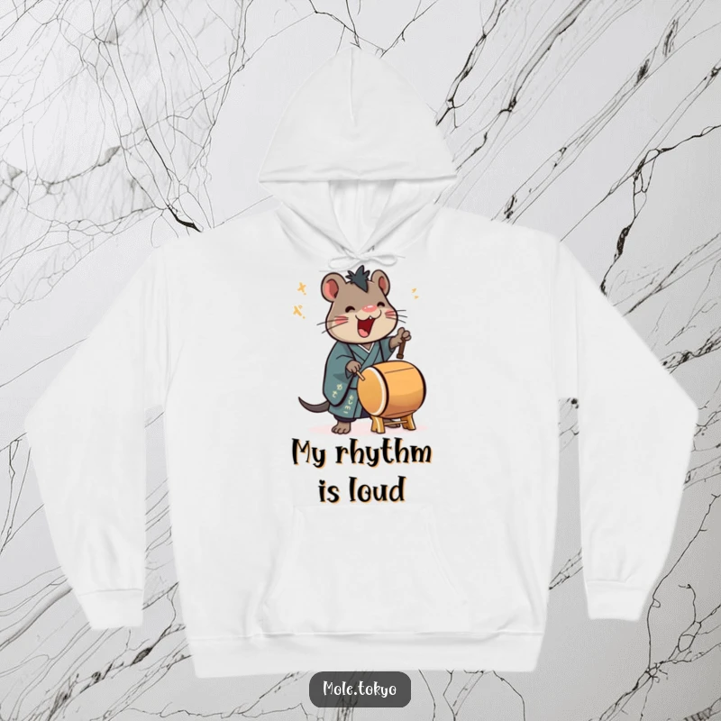Funny Hoodie with a stylized mole character in a kimono playing a taiko drum with great enthusiasm, cozy and musical.