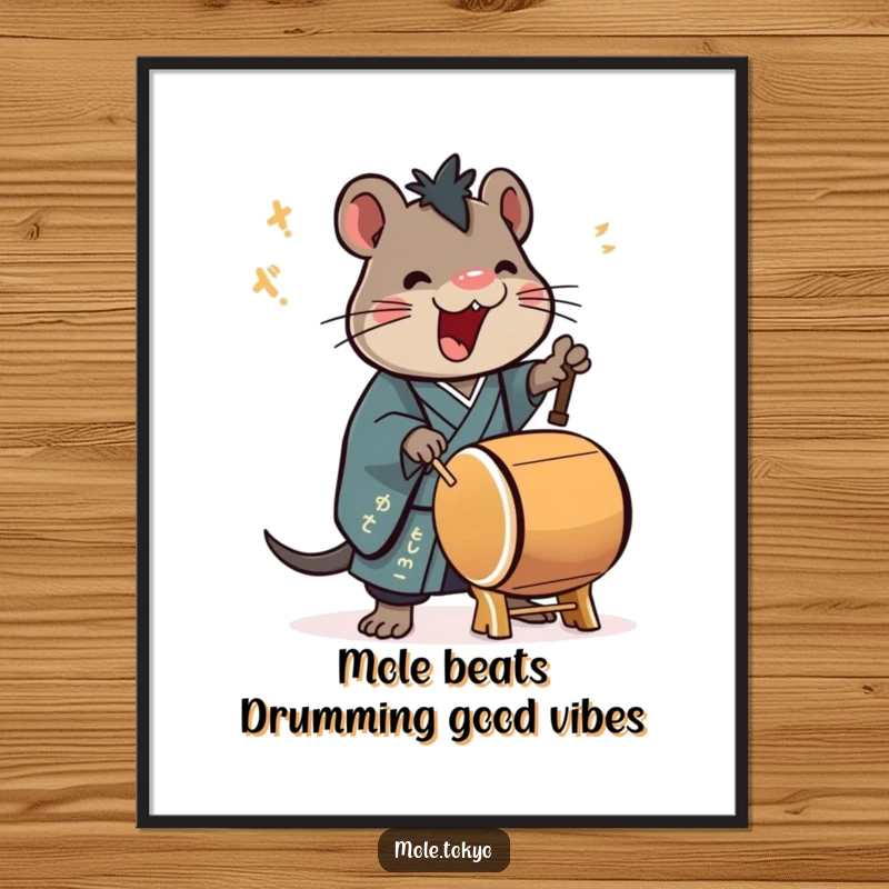 Funny Free Printable Wall Art: a stylized mole character in a formal kimono, joyfully and enthusiastically playing a large taiko drum.