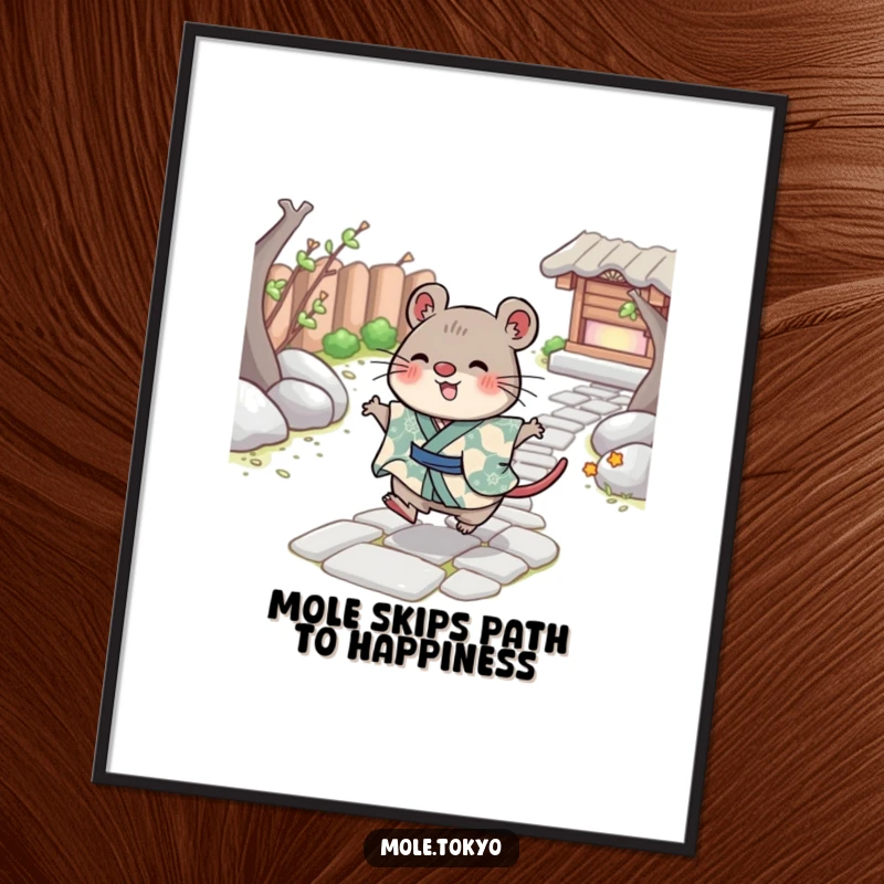 Funny Free Printable Wall Art: a cheerful mole character in a patterned kimono, skipping playfully and happily across a quaint stone path.