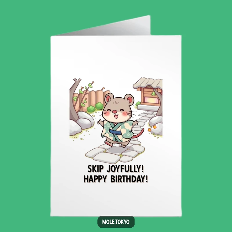 Free Printable Cheerful Mole Birthday Card - Skipping Kimono Fun Gift Download