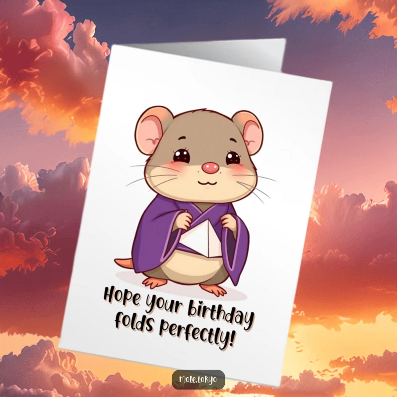 Funny Free Printable Birthday Card: Happy mole in a purple kimono focused on a detailed origami fold.