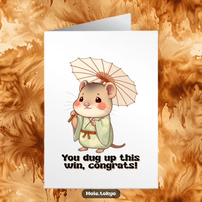 Funny Free Printable Congrats Card: Mole wearing elegant kimono, holding umbrella, celebrating your success with style.