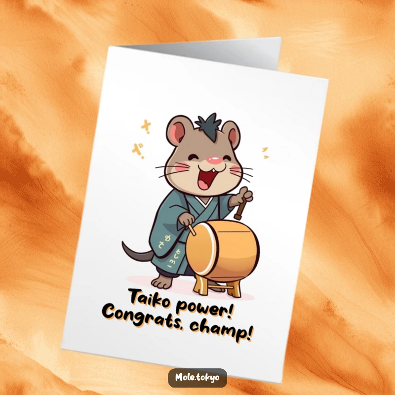 Funny Free Printable Congratulations Card featuring a stylized mole dressed in a formal kimono, energetically playing a taiko drum to celebrate.