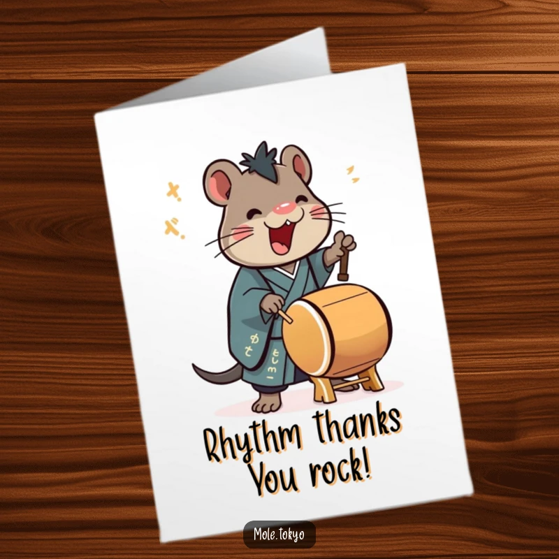 Funny Free Printable Thank You Card with a stylized mole in a formal kimono enthusiastically playing a taiko drum, expressing heartfelt thanks.