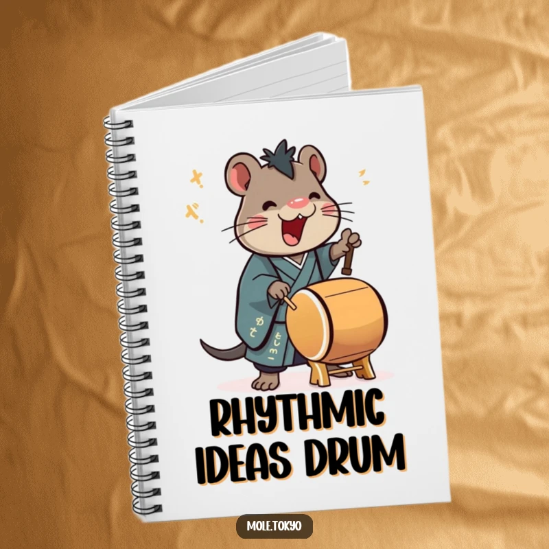 Funny Notebook with a stylized mole character in a kimono playing a taiko drum enthusiastically, perfect for energetic note-taking.