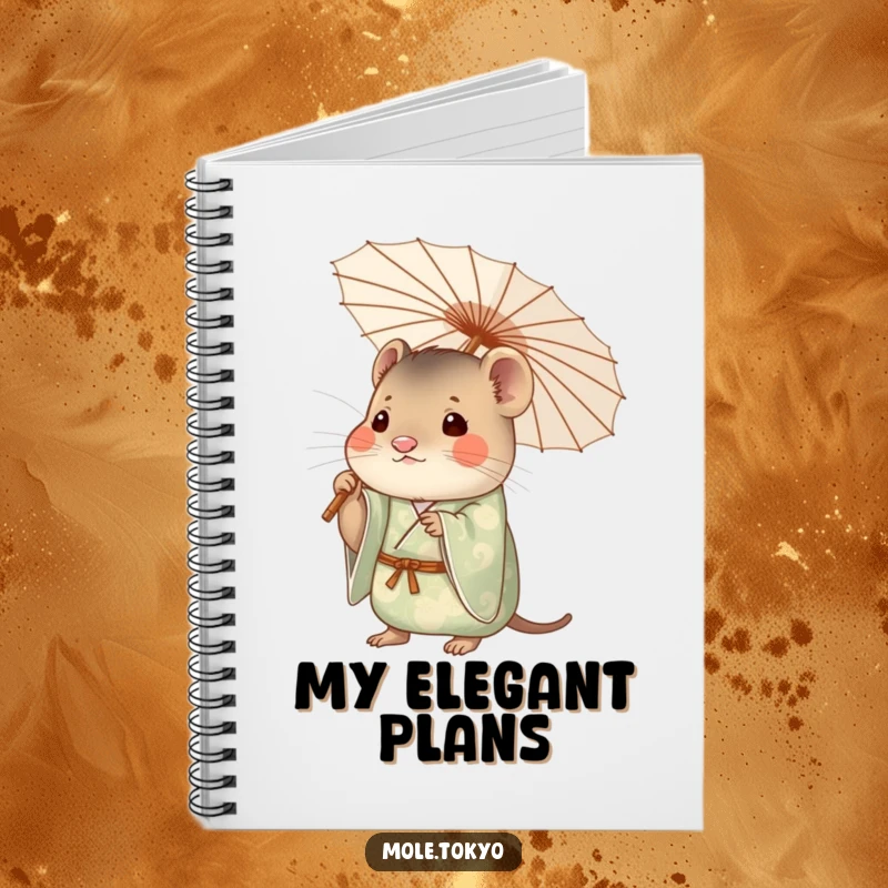 Funny mole character in a patterned kimono holding a delicate paper umbrella, a notebook design for creative writing.