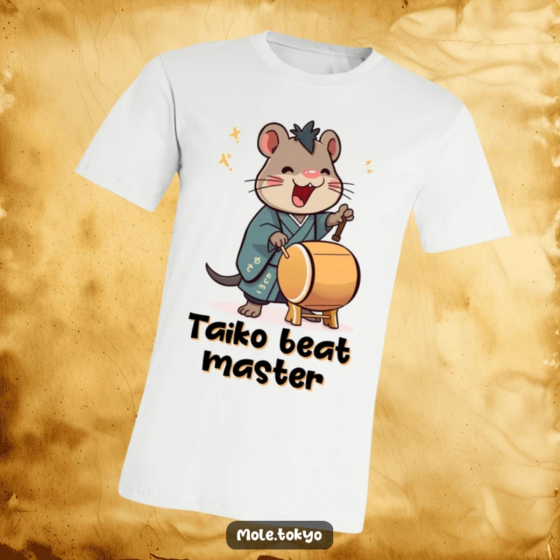 Funny T-Shirt showing a stylized mole in a formal kimono energetically playing a taiko drum, full of musical passion.