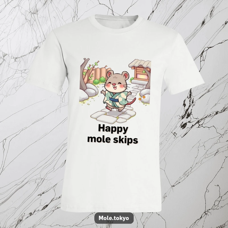Funny T-Shirt showing a cheerful mole character in a patterned kimono skipping playfully on a stone path, full of happy energy.
