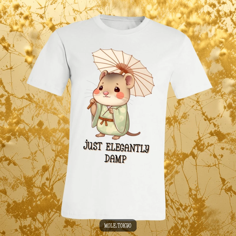 Funny mole wearing a patterned kimono, elegantly holding a delicate paper umbrella while looking curious and stylish.