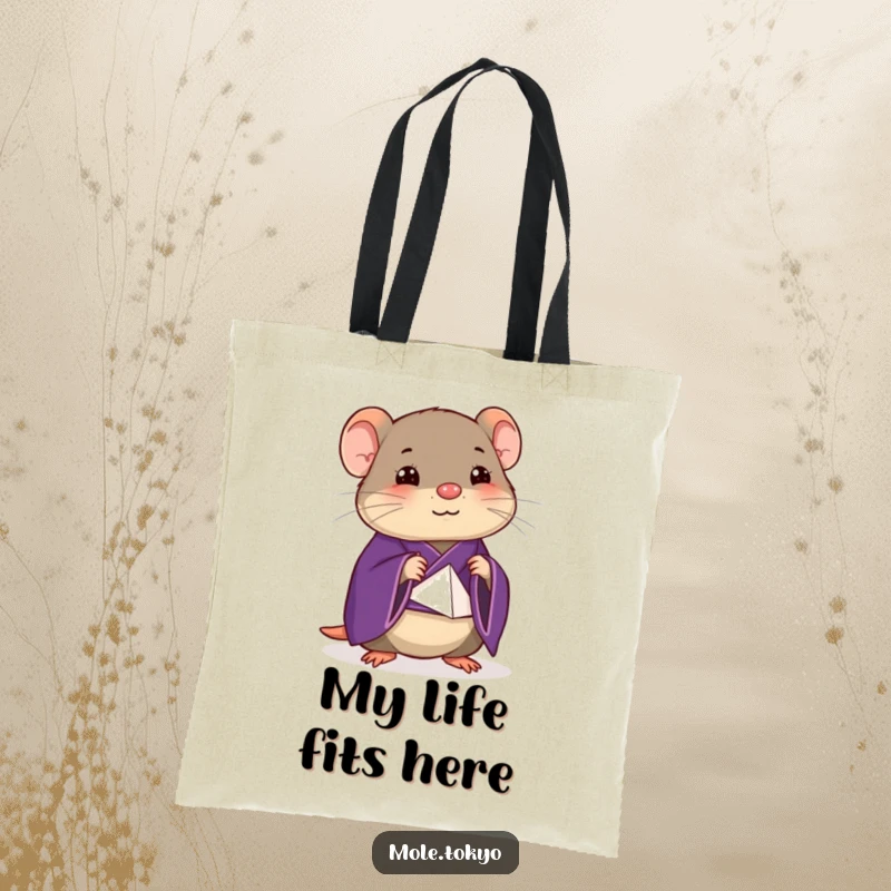 Happy mole in a deep purple kimono attempting a stylized origami fold, a funny and practical tote bag design.